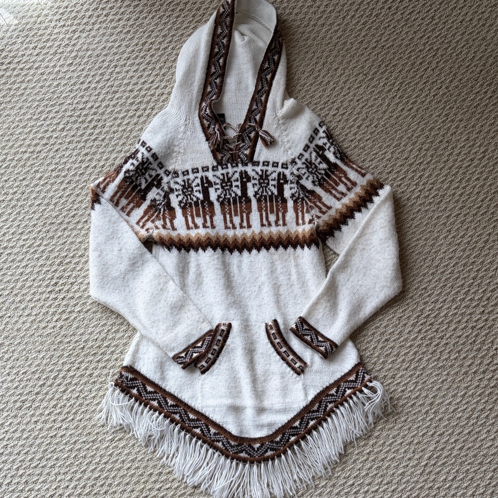 Women’s 100% Alpaca Cream Hooded Fringe Sweater with Brown Fair Isle Pattern